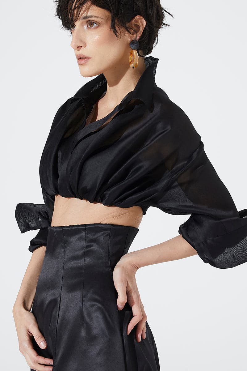 Black silk cropped shirt by Babukhadia, featuring a stylish fitted design and elegant long sleeves.