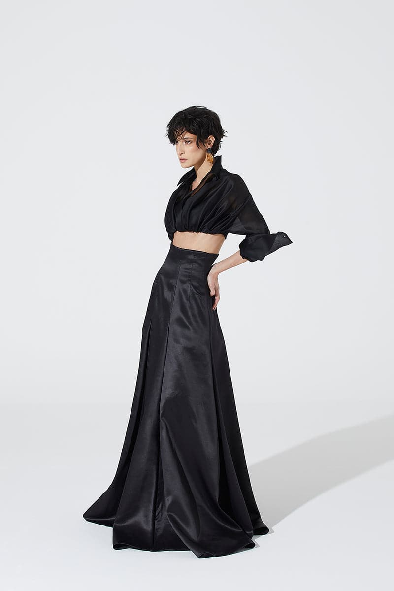 Black silk shirt by Babukhadia, cropped style with a sleek fit, featuring a classic collar and long sleeves.