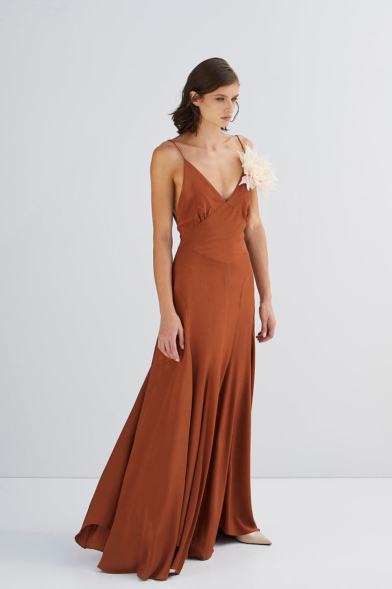 BROWN V-NECK MAXI DRESS - CULT MIA