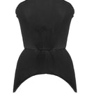 Black strapless peplum top by BABUKHADIA, featuring a fitted bodice and flared peplum hem, shown on a model.