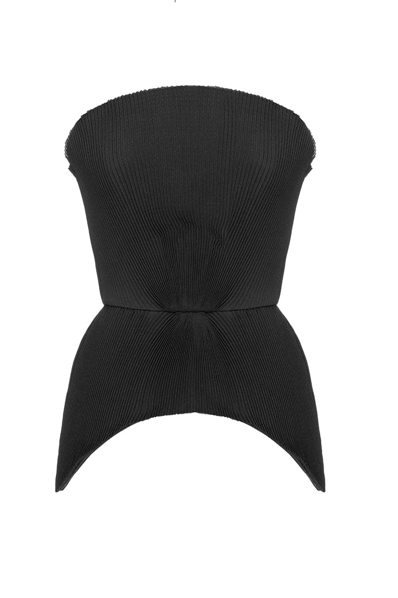 Black strapless peplum top by BABUKHADIA, featuring a fitted bodice and flared peplum hem, shown on a model.