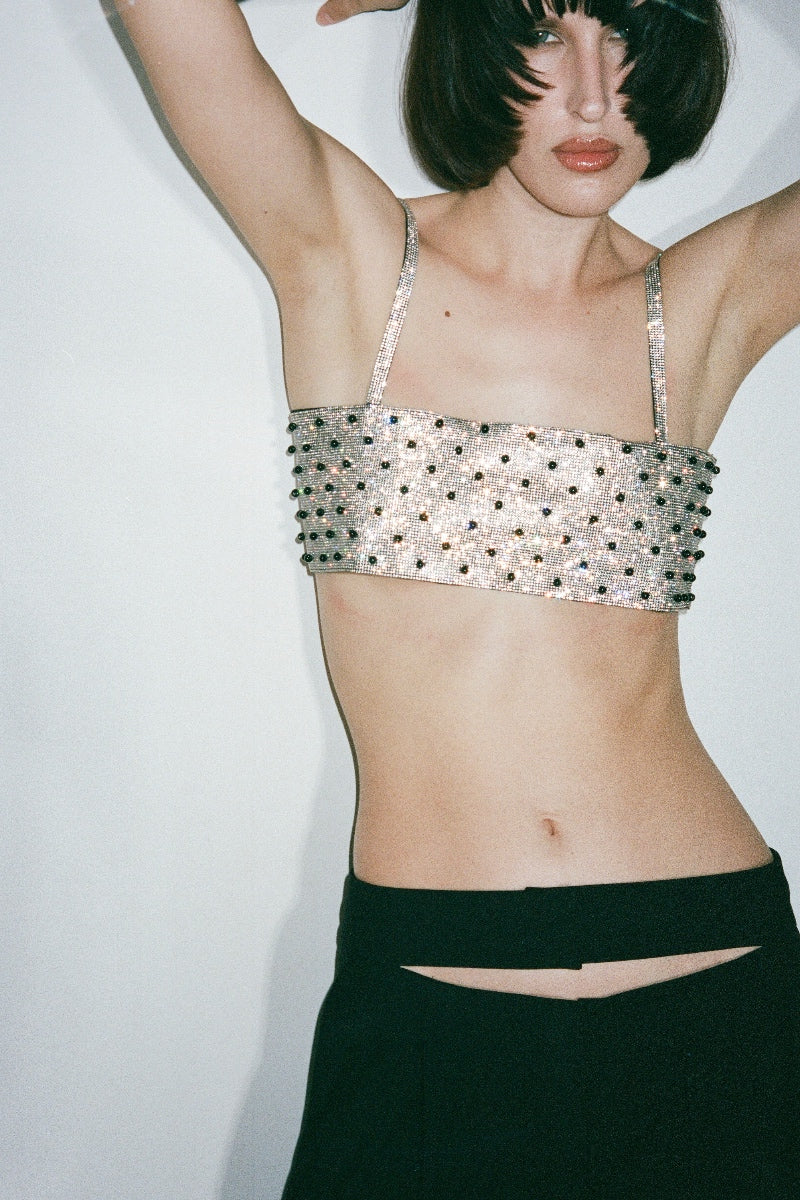 Nué Charlotte Top Polka-Dot in Crystal, stylish women's blouse with a polka-dot pattern and elegant crystal accents.