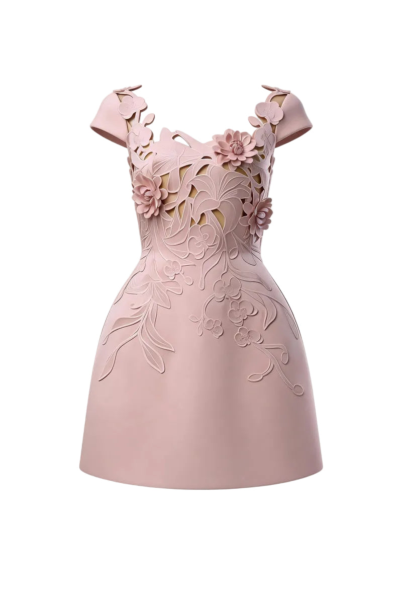 pink flowy mini dress 3D FLORALS | CULT MIA Calvin Klein 205W39NYC Floral Web Collection: Winter Dresses The Perfect Travel Period Style:French Provincial