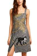 Oceanus St. Barth hand-beaded crystal grey mini dress, close-up view showcasing intricate beadwork and elegant design.