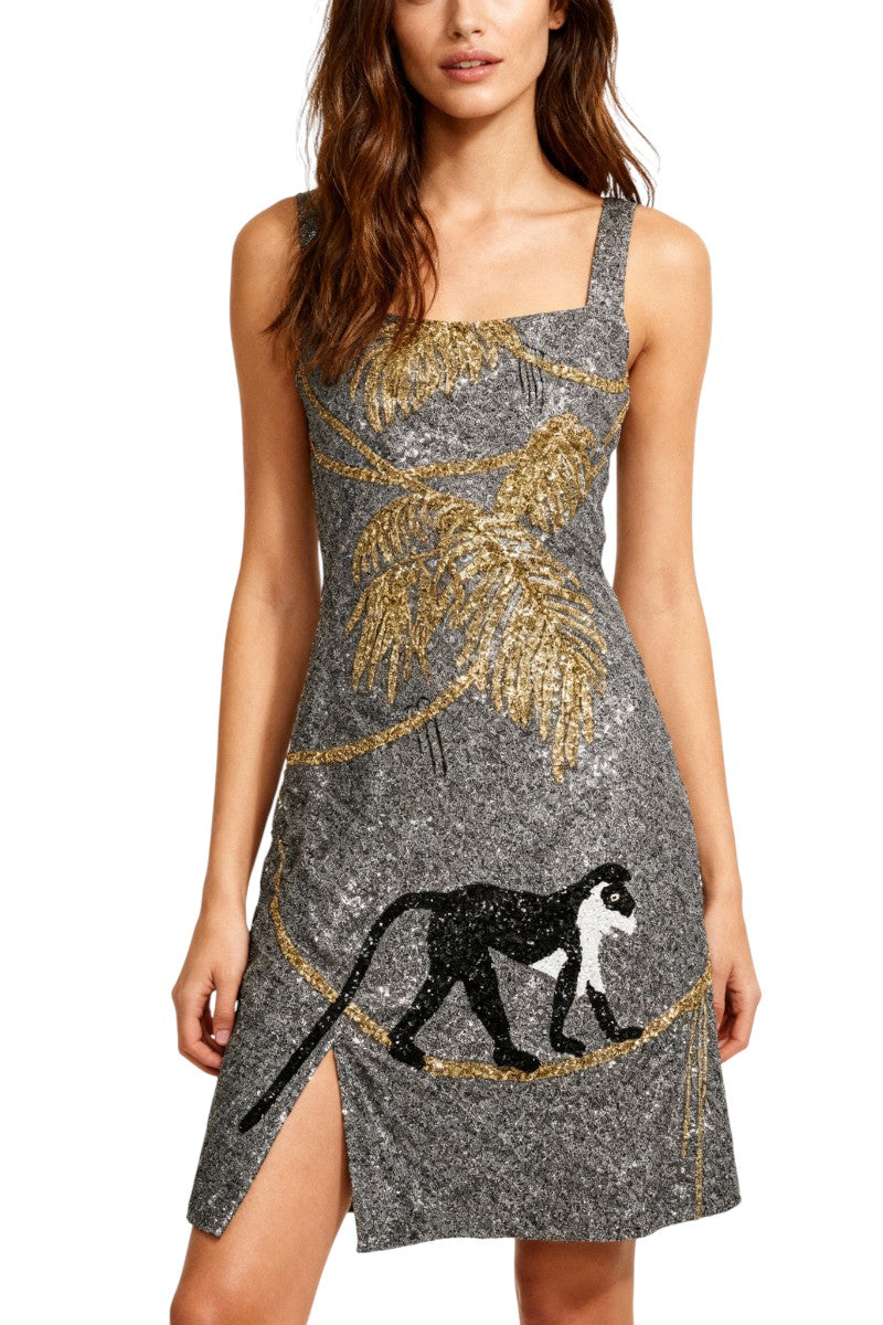 Oceanus St. Barth hand-beaded crystal grey mini dress, close-up view showcasing intricate beadwork and elegant design.