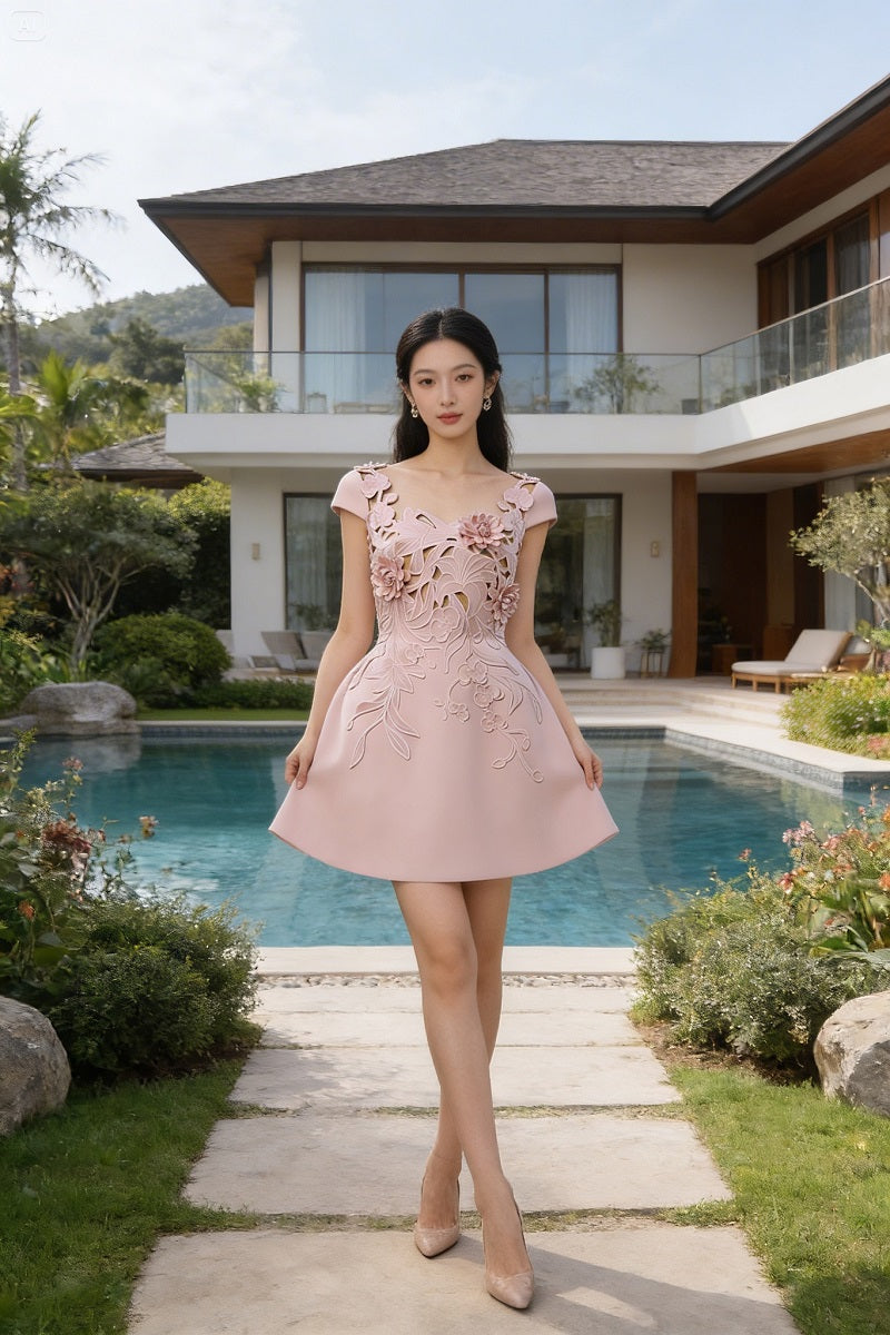 3D FLORALS PINK DRESS