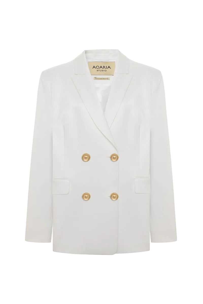 Acaria Studio night vegan silk blazer in ecru, tailored jacket with smooth fabric, notch lapels, and long sleeves.