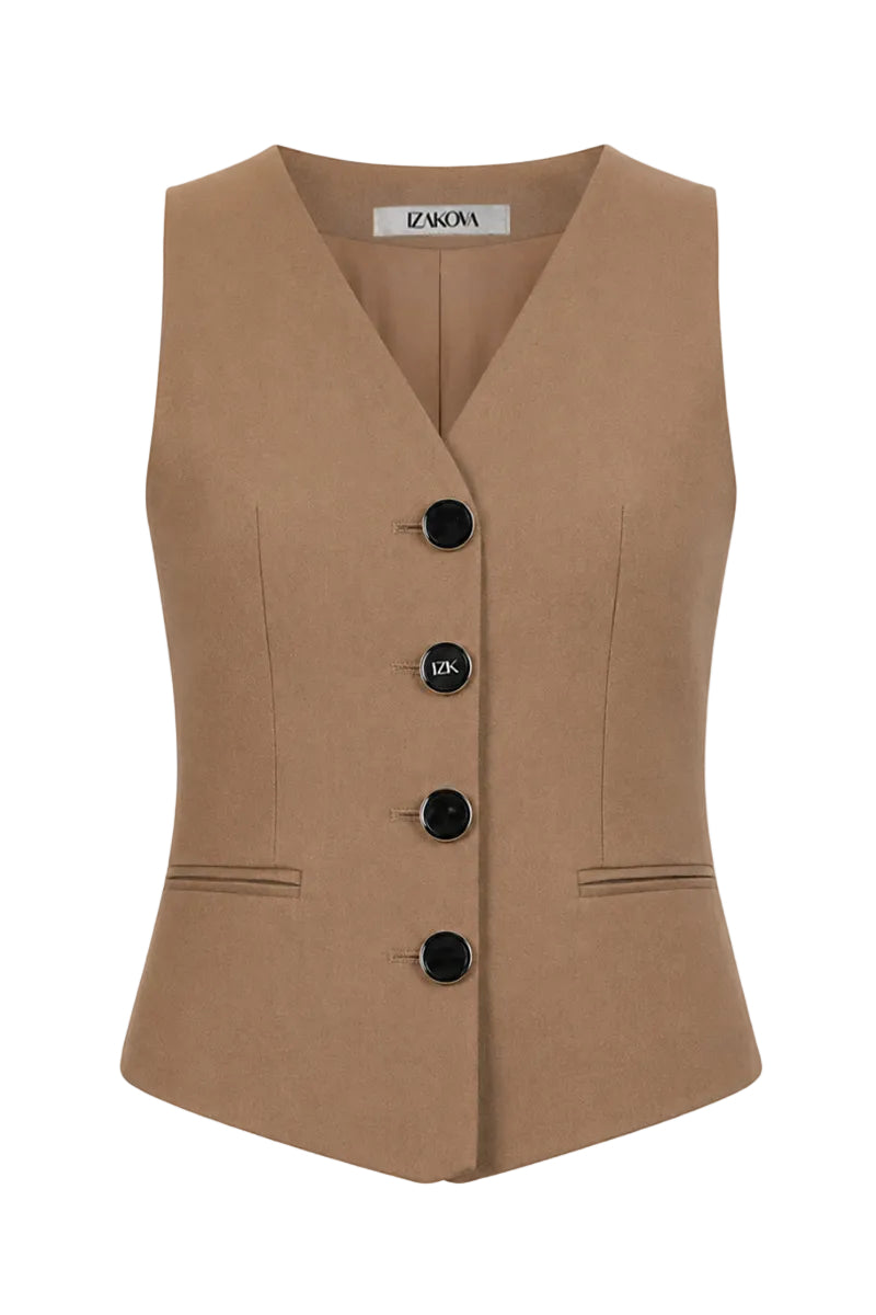 Izakova IMA khaki waistcoat with a tailored fit, featuring a classic design and front buttons, perfect for smart casual wear.