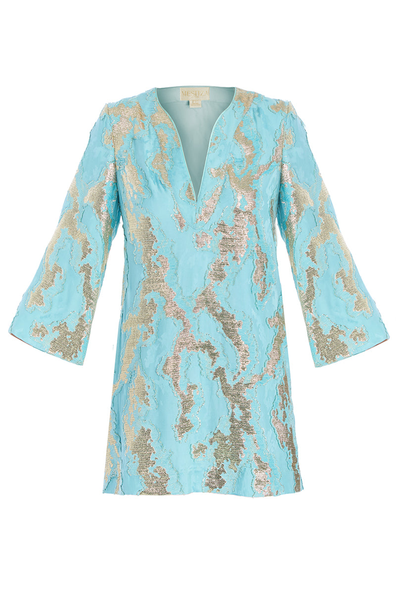 INES CAFTAN MINI DRESS IN BLUE GOLD - CULT MIA