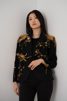 Nadya Shah INES IN THE GOLDEN AGE blazer in gold, tailored blazer with structured fit and elegant design, front view.