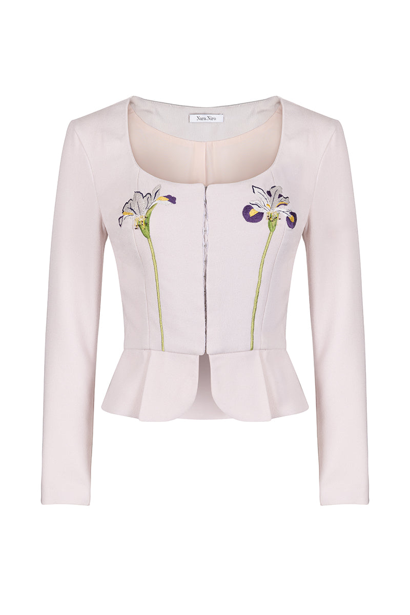 Nara Niro IRIS JACKET in nude, lightweight top with stylish design, shown on a hanger against a neutral background.