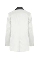 Gigii's Isadora Satin Jacket with a sleek, shiny fabric, featuring a stylish collar and front zipper for a modern look.