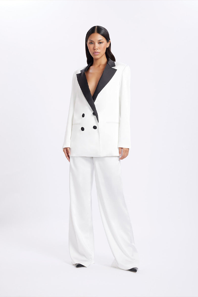 Gigii's Isadora satin pants featuring a sleek, smooth fabric and stylish fit, perfect for elegant casual or dressy occasions.