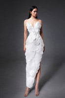 White CULT MIA X HAPPY CLOTHING pegged sleeveless taffeta maxi dress displayed on a hanger.