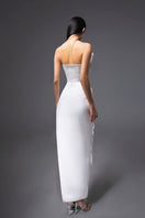 White CULT MIA X HAPPY CLOTHING pegged sleeveless taffeta maxi dress displayed on a hanger.