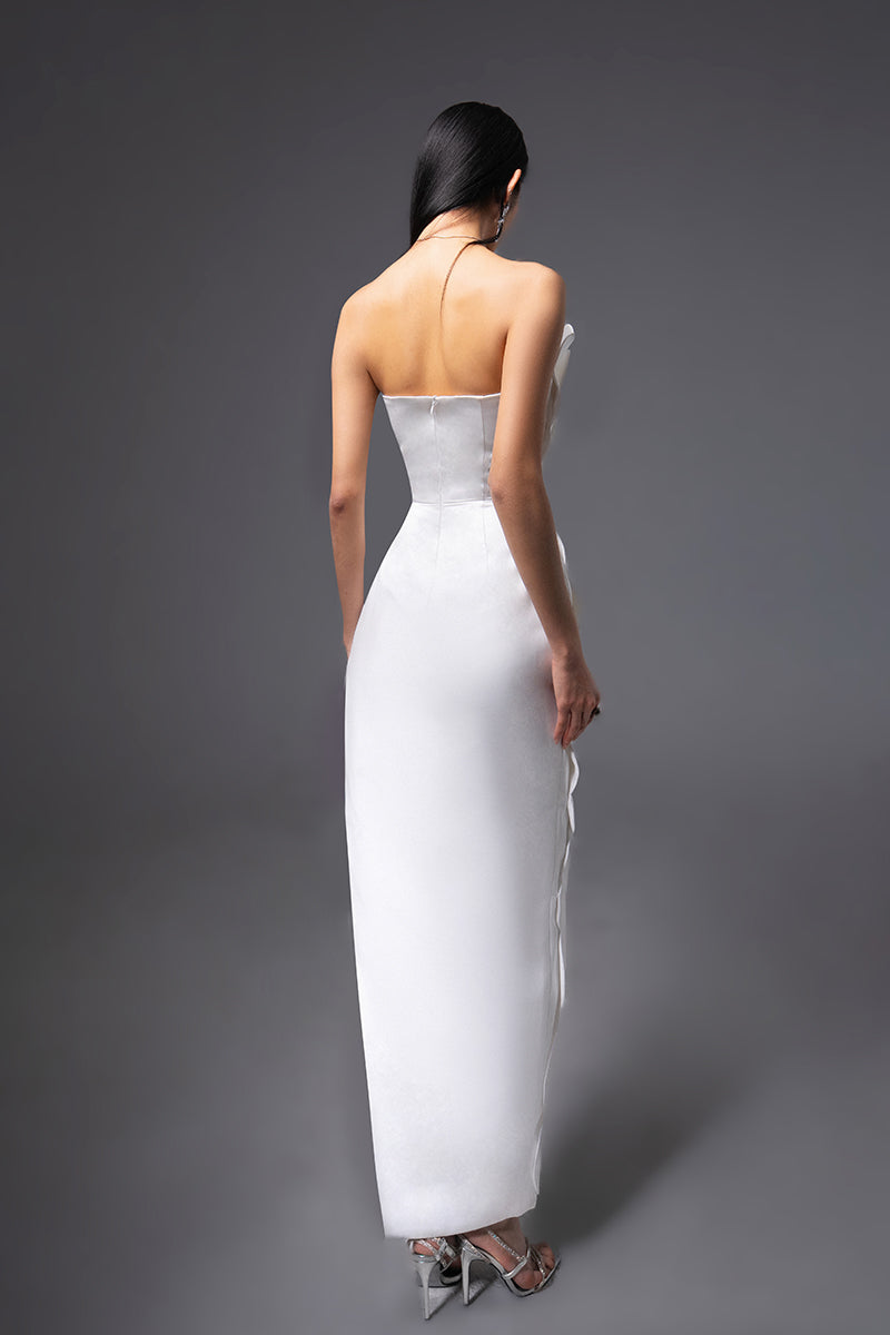 White CULT MIA X HAPPY CLOTHING pegged sleeveless taffeta maxi dress displayed on a hanger.