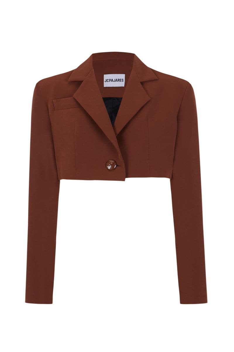 Brown cropped blazer by JC Pajares, tailored fit, featuring classic lapel and button closure, stylish for casual or professional wear.