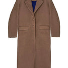 JC Pajares curly camel wool coat in camel color, stylish coat with textured fabric, front buttons, and classic silhouette.