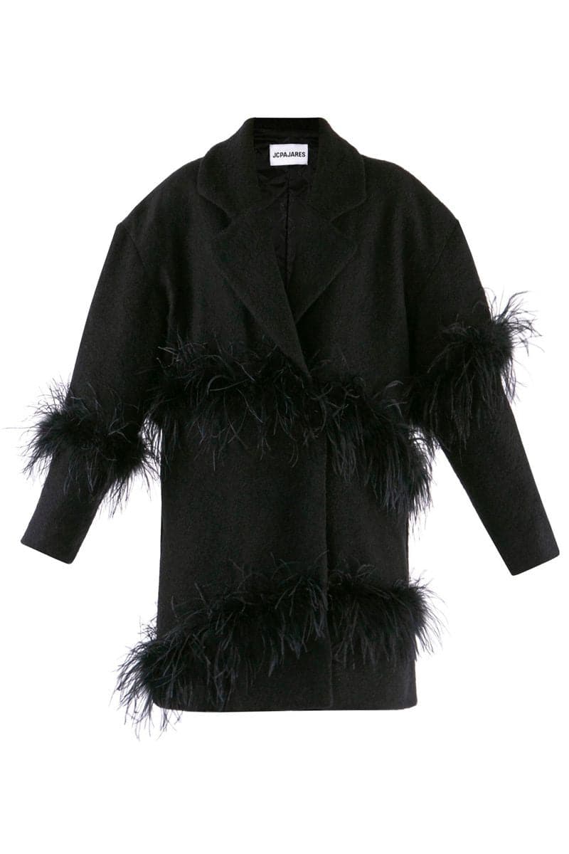OVERSIZED BLACK FEATHER-TRIMMED COAT | JC Pajares | CULT MIA