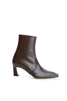 Je La Connais Calais Chocolate ankle boots in brown leather, showing side view with low heel and sleek design.