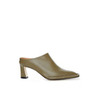 Olive green Nantes mule heels by Je La Connais, stylish slip-on footwear with a pointed toe and block heel.