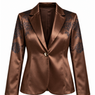 Raishma Jemma chocolate jacket, stylish women's top with tailored fit and button details, displayed on a hanger.