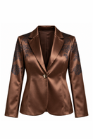 Raishma Jemma chocolate jacket, stylish women's top with tailored fit and button details, displayed on a hanger.