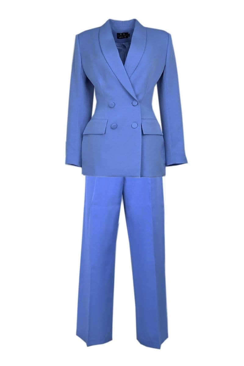 Baby blue hourglass suit co-ord set by Joanna Andraos, featuring a fitted top and matching pants in soft pastel blue.