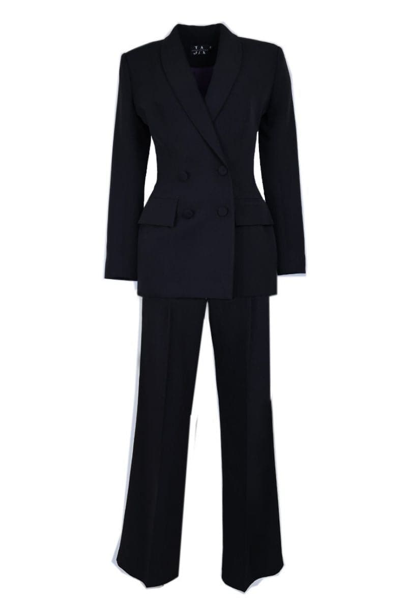Joanna Andraos black hourglass suit co-ords set in midnight black, featuring a fitted blazer and matching tailored trousers.