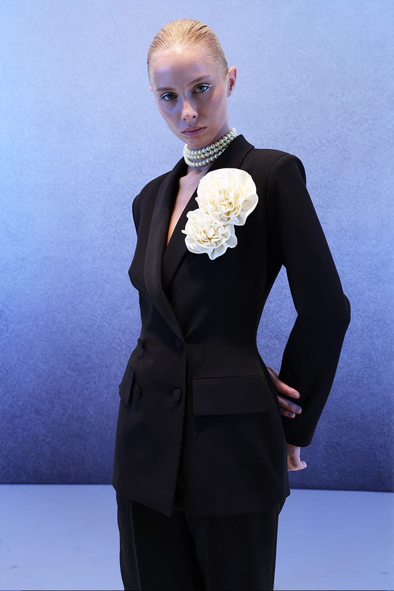 Joanna Andraos black hourglass suit set, midnight black co-ords, tailored fit with sleek design and matching blazer and pants.