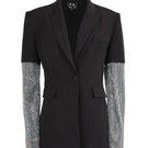 Black square diamond blazer by Joanna Andraos, tailored fit with sharp lapels and a sleek design, shown on a model.