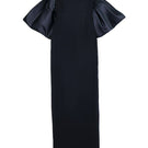Midnight black Joanna Andraos circular bodice full-length gown, elegant design, showcase of flowing fabric and intricate details.