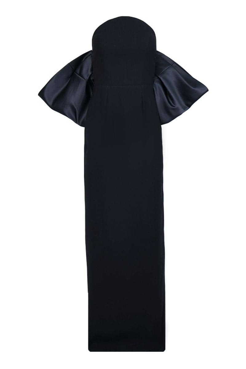 Midnight black Joanna Andraos circular bodice full-length gown, elegant design, showcase of flowing fabric and intricate details.