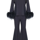 Joanna Andraos embellished feather relaxed co-ords set featuring a black top and pants with decorative feather details.