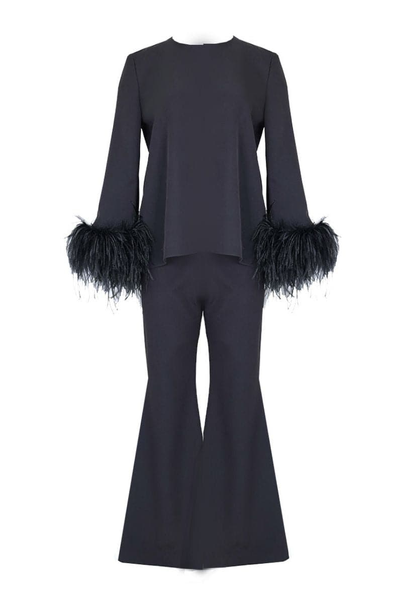 Joanna Andraos embellished feather relaxed co-ords set featuring a black top and pants with decorative feather details.