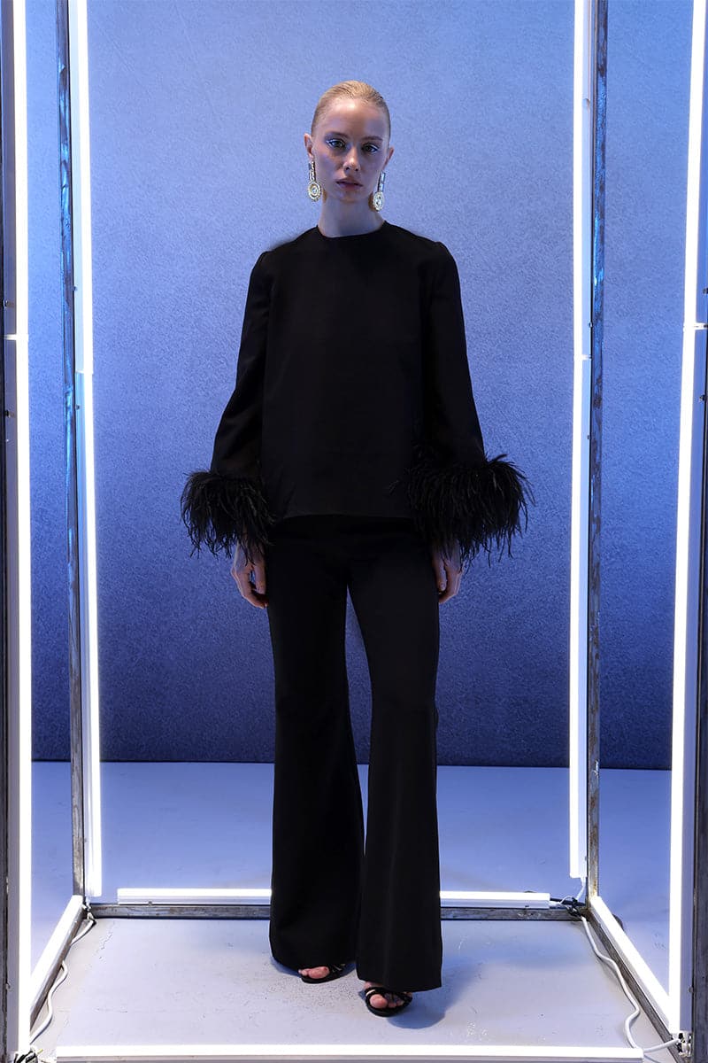 Joanna Andraos embellished feather relaxed co-ords top and pants set in midnight black, featuring decorative feather details.