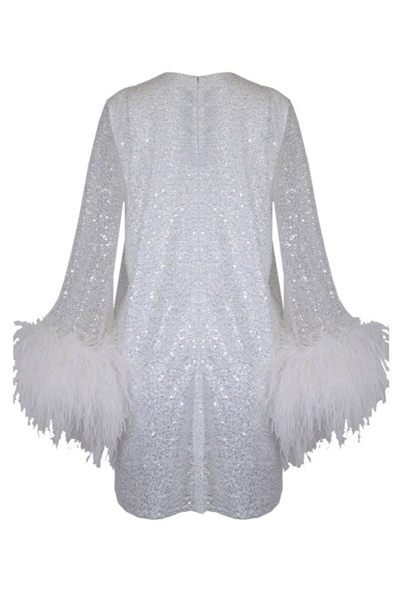 ENCHANTED OMBRE SILVER TO WHITE DRESS WITH FEATHER SLEEVES | Joanna Andraos | CULT MIA