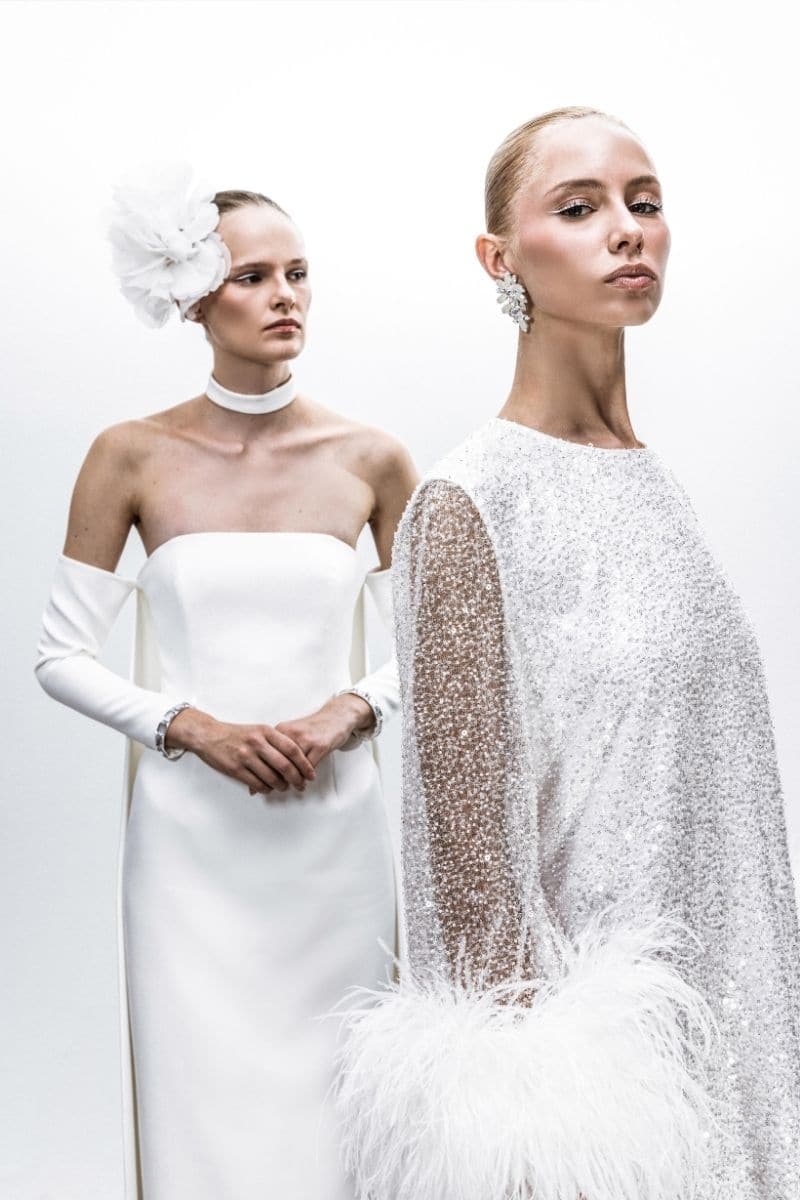 ENCHANTED OMBRE SILVER TO WHITE DRESS WITH FEATHER SLEEVES | Joanna Andraos | CULT MIA