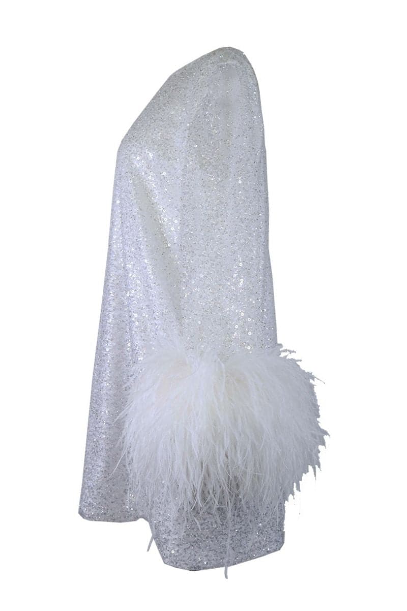 ENCHANTED OMBRE SILVER TO WHITE DRESS WITH FEATHER SLEEVES | Joanna Andraos | CULT MIA