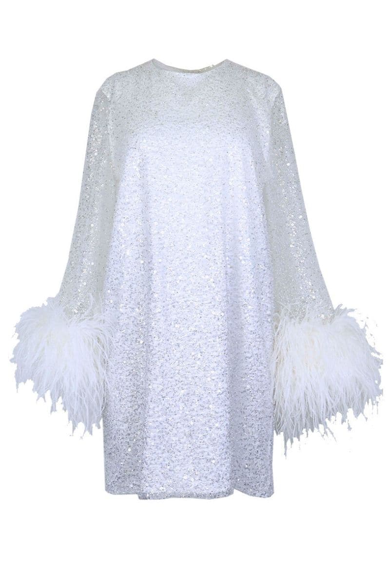 ENCHANTED OMBRE SILVER TO WHITE DRESS WITH FEATHER SLEEVES | Joanna Andraos | CULT MIA