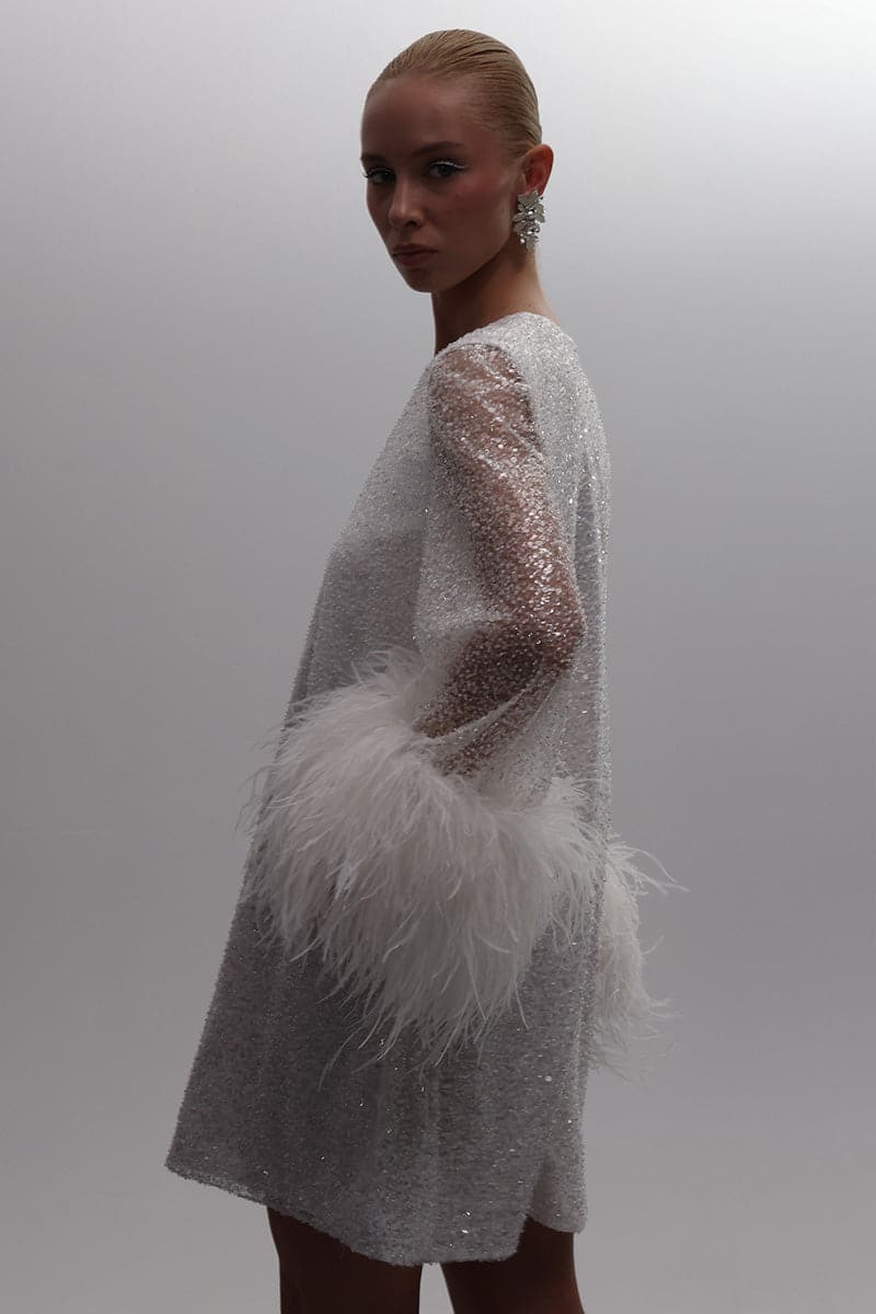 ENCHANTED OMBRE SILVER TO WHITE DRESS WITH FEATHER SLEEVES | Joanna Andraos | CULT MIA