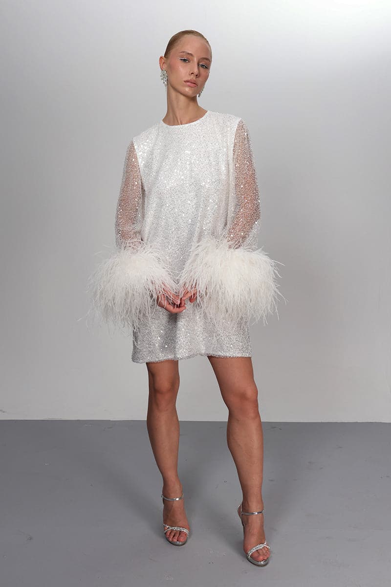 ENCHANTED OMBRE SILVER TO WHITE DRESS WITH FEATHER SLEEVES | Joanna Andraos | CULT MIA