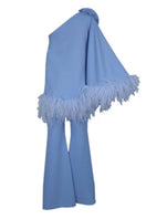 Joanna Andraos feathered floral one-shoulder top and pants co-ord set in baby blue, stylish and elegant outfit.