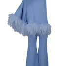 Joanna Andraos feathered floral one-shoulder top and pants co-ords set in baby blue, featuring a stylish floral design and elegant fit.
