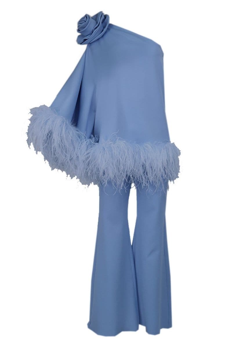 Joanna Andraos feathered floral one-shoulder top and pants co-ords set in baby blue, featuring a stylish floral design and elegant fit.