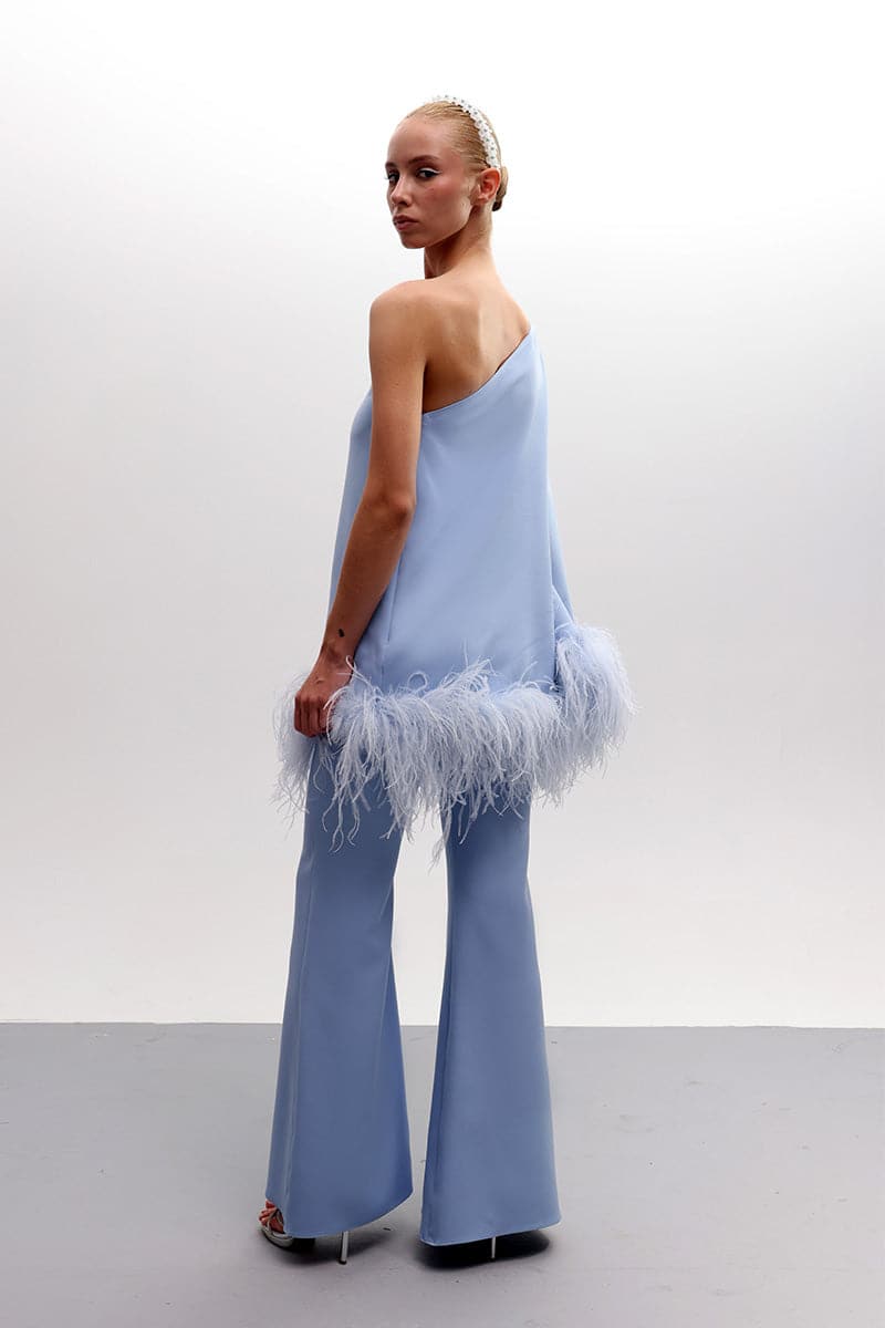 FEATHERED FLORAL ONE-SHOULDER TOP AND PANTS SET | Joanna Andraos | CULT MIA