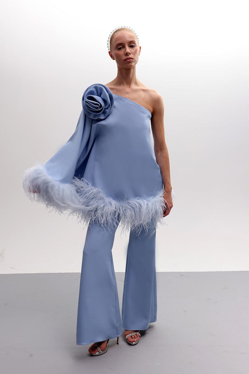 Joanna Andraos feathered floral one-shoulder top and pants co-ords set in baby blue, elegant and fashionable for women.