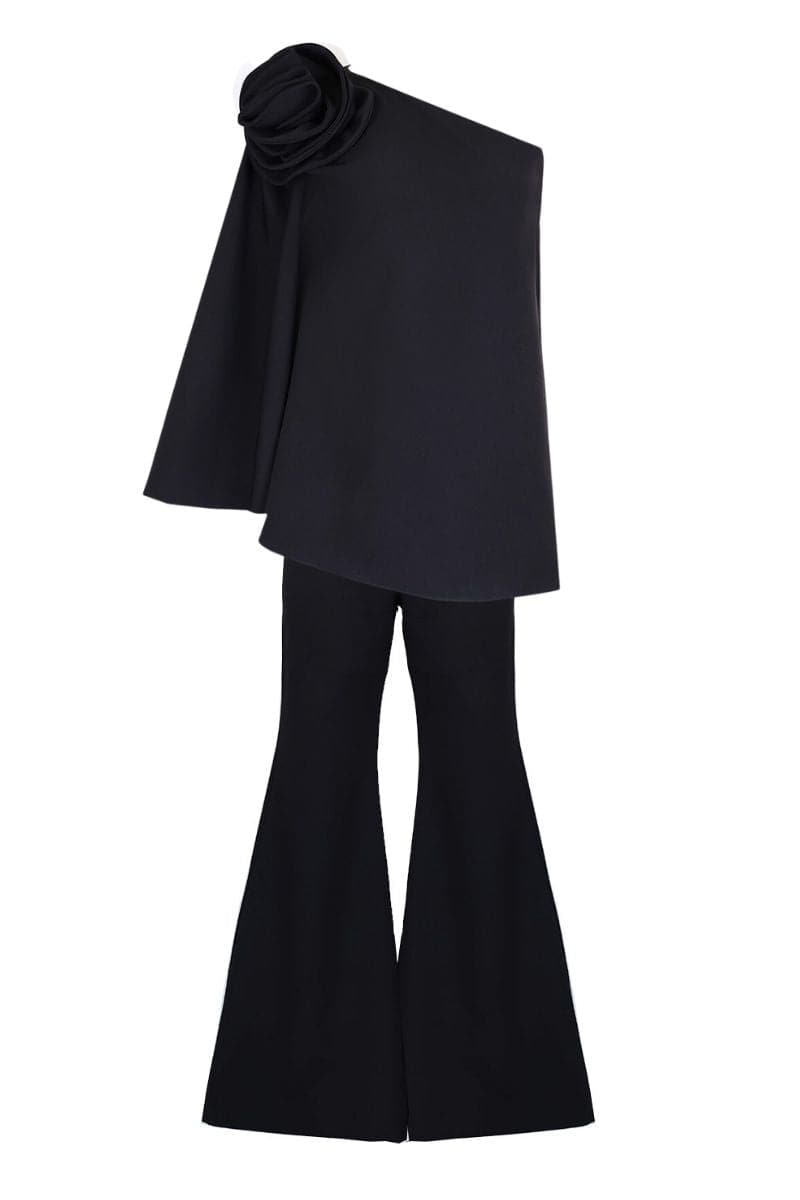 FLORAL ADORNED ONE-SHOULDER BLACK TOP AND PANTS SET | Joanna Andraos | CULT MIA