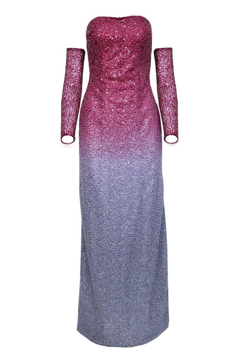 FULL EMBELLISHED BURGUNDY TO SILVER OMBRÉ GOWN | Joanna Andraos | CULT MIA