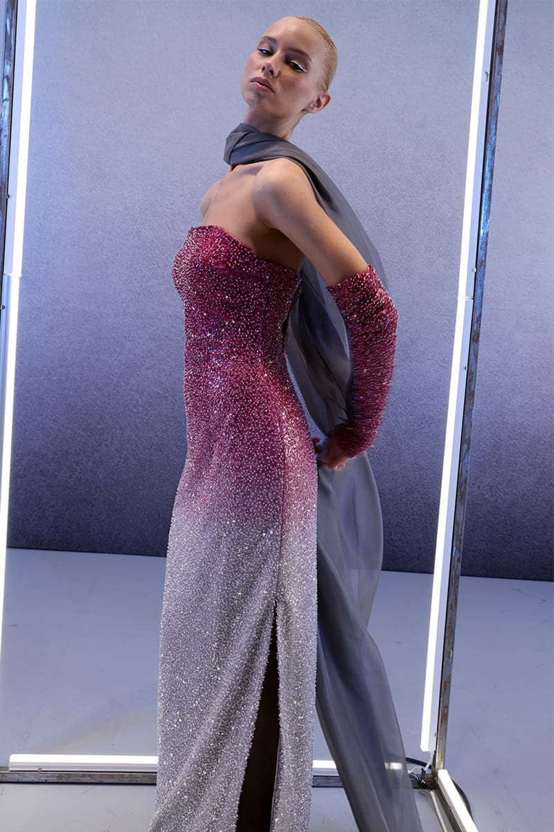 FULL EMBELLISHED BURGUNDY TO SILVER OMBRÉ GOWN | Joanna Andraos | CULT MIA